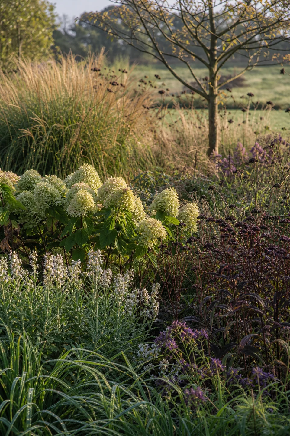 Een gelaagde border met hortensia's, siergrassen en vaste planten in ochtendlicht.